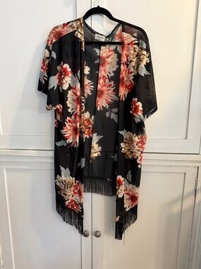 Siren Lily Black Sheer Floral Fringe Kimono